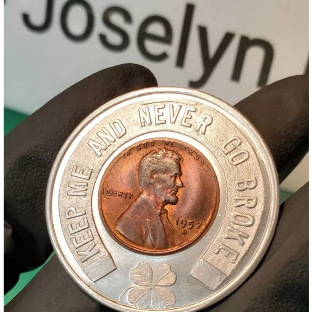 Encased 1957 lucky wheat cent, good Luck advertising token